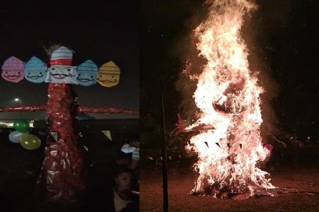 लखनऊः विजयदशमी पर धू-धू कर जला अहंकारी रावण का पुतला
